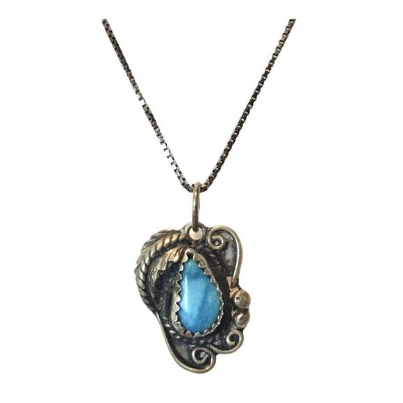 Vintage Sterling Silver Turquoise Feather Pendant Necklace 925 18.5" Box Chain - Picture 1 of 12